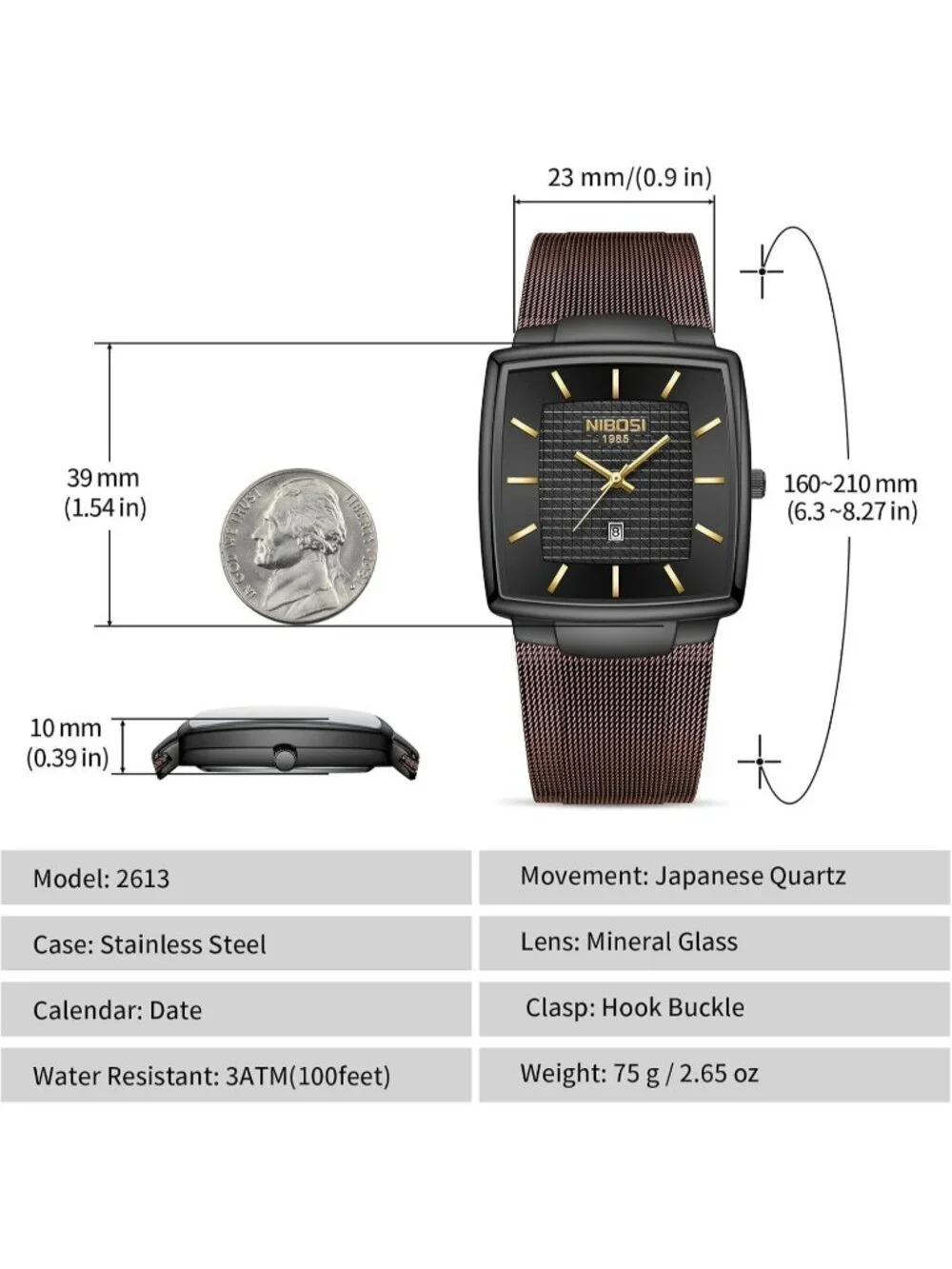 Nibosi Men's Brown Black Square Analog Mash Quartz Hook Buckle Waterproof Watch